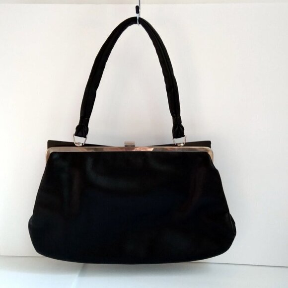 Unique Vintage Black Leather Satchel/Shoulder Frame Bag wth Chic Sleek Features - Picture 2 of 15